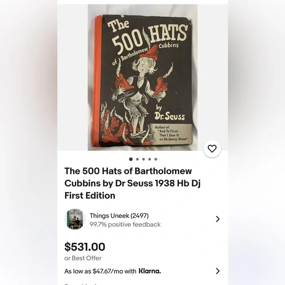 VINTAGE RARE COPY of DR. SUESS’S ‘THE 500 HATS of BARTHOLOMEW CUBBINS’ BOOK